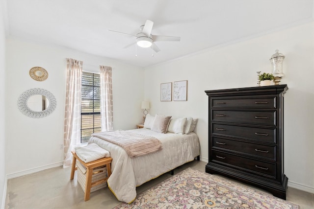 bedroom with ceiling fan and ornamental molding