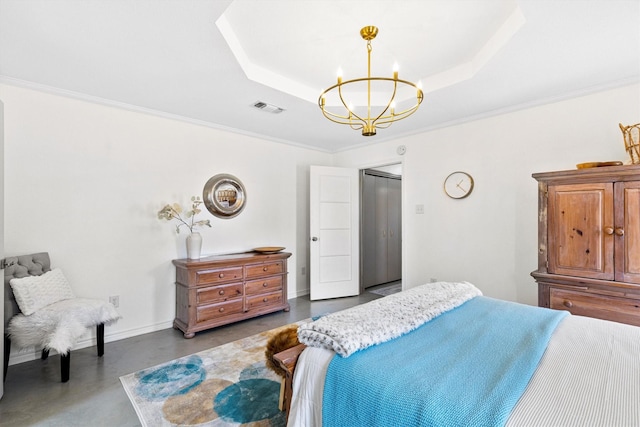 bedroom featuring concrete flooring, ornamental molding, a chandelier, and a tray ceiling