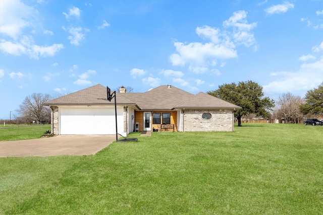 single story home featuring a garage and a front yard