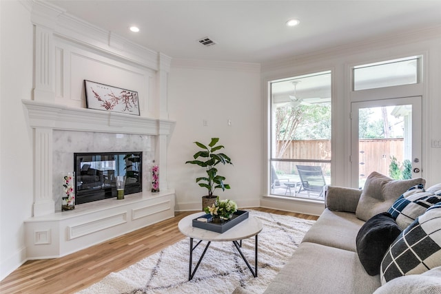 living room featuring crown molding, a fireplace, and light wood-type flooring