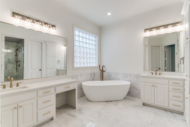 bathroom featuring ornamental molding, tile walls, vanity, and plus walk in shower