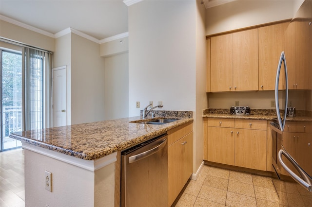 kitchen featuring sink, stainless steel appliances, light stone counters, ornamental molding, and kitchen peninsula