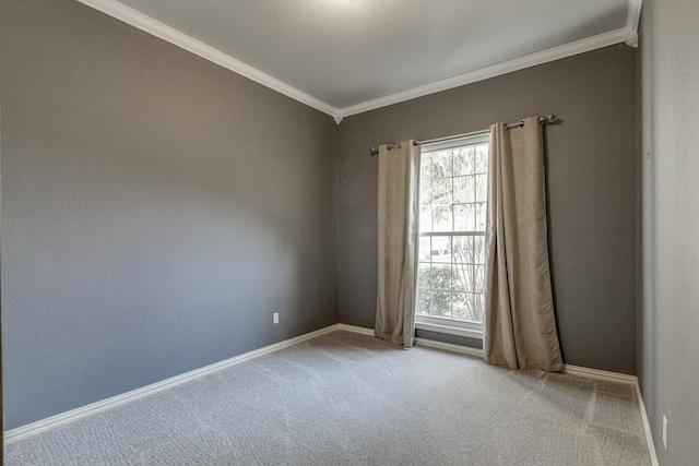 carpeted spare room with a wealth of natural light, baseboards, and ornamental molding