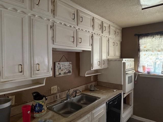 kitchen featuring sink, a textured ceiling, dishwasher, oven, and white cabinets