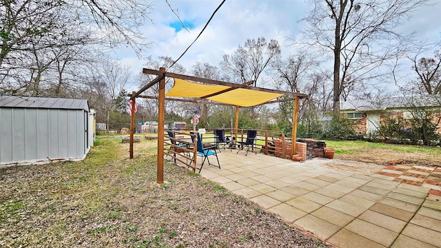 view of yard with a storage unit and a patio