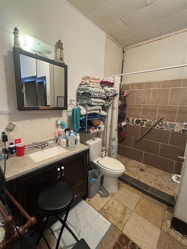 bathroom featuring vanity, toilet, and walk in shower