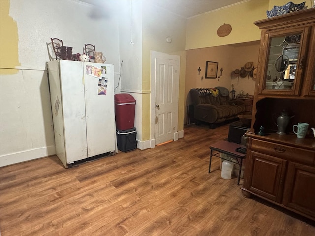 kitchen with white refrigerator, dark brown cabinetry, and wood-type flooring