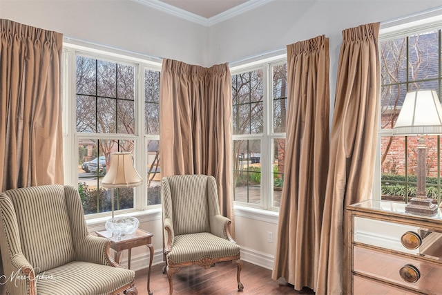 sitting room featuring ornamental molding and wood-type flooring