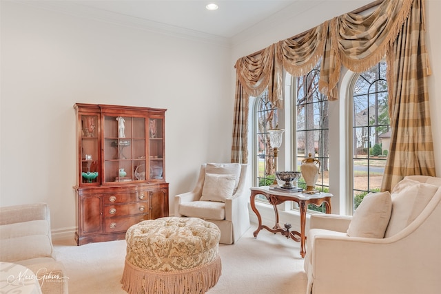 sitting room with crown molding and light colored carpet