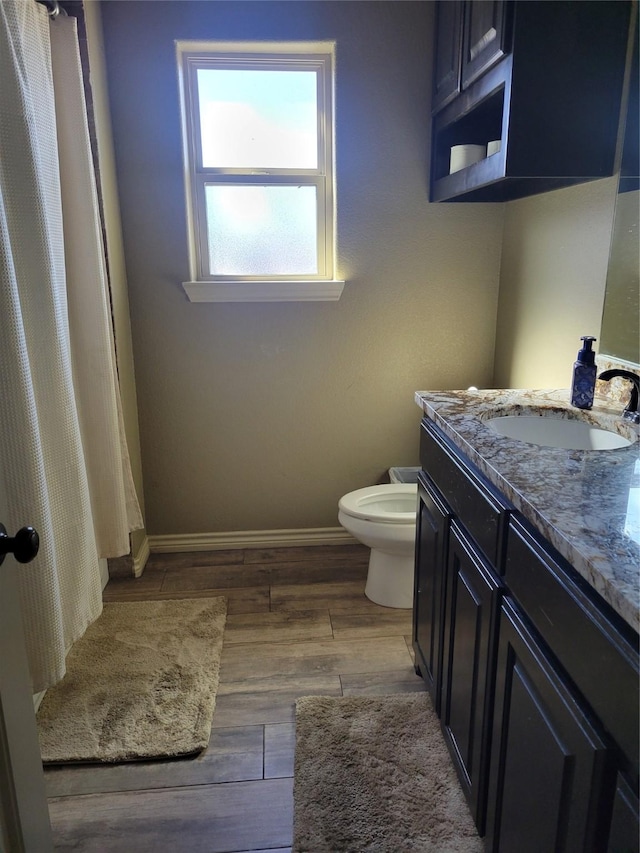 bathroom with hardwood / wood-style flooring, vanity, and toilet