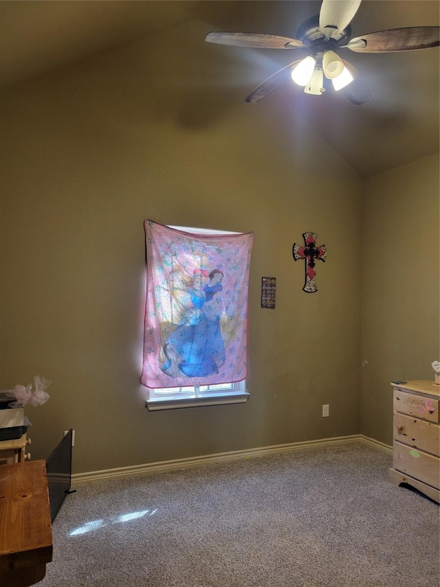 unfurnished bedroom with lofted ceiling, carpet flooring, and ceiling fan