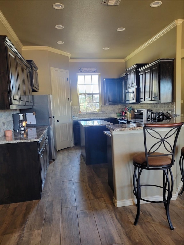 kitchen featuring appliances with stainless steel finishes, dark wood-type flooring, light stone counters, and kitchen peninsula