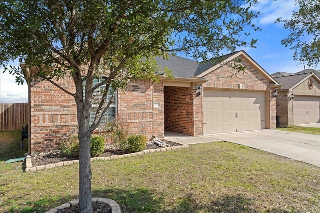 ranch-style house featuring a garage and a front yard