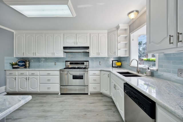 kitchen with sink, white cabinetry, light hardwood / wood-style flooring, appliances with stainless steel finishes, and backsplash