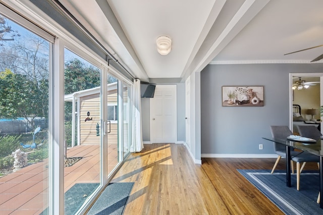 interior space with hardwood / wood-style floors and ceiling fan