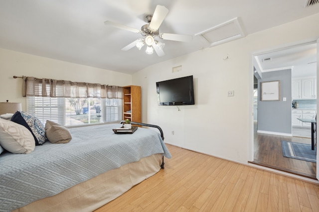 bedroom featuring ceiling fan and light wood-type flooring