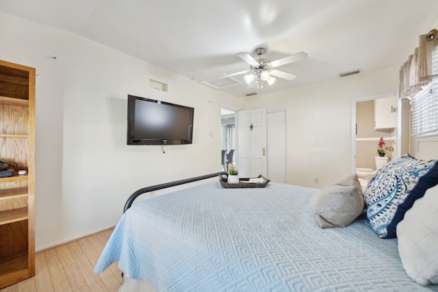 bedroom featuring ceiling fan and light hardwood / wood-style flooring