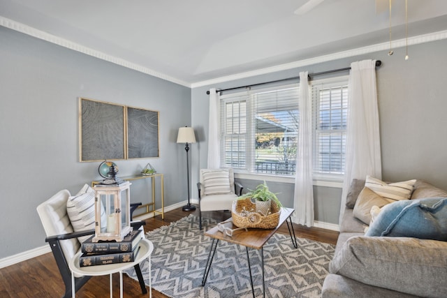 living area featuring crown molding and dark wood-type flooring