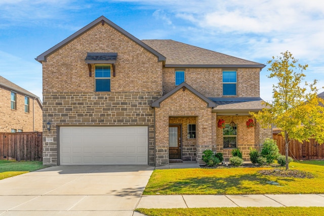 view of front facade with a garage and a front lawn