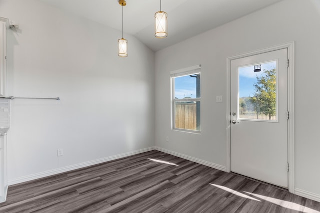 interior space featuring dark wood-type flooring and vaulted ceiling