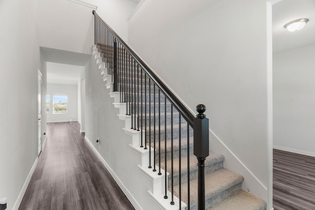 stairway featuring wood-type flooring and a high ceiling