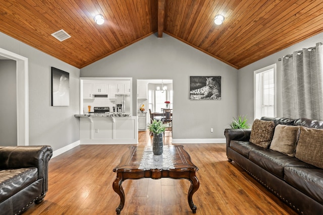 living room with wooden ceiling, a chandelier, lofted ceiling with beams, and light wood-type flooring