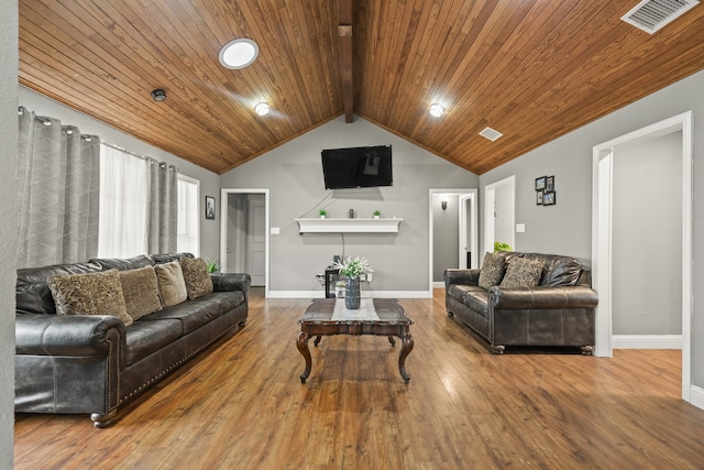 living room with wooden ceiling, hardwood / wood-style floors, and vaulted ceiling with beams