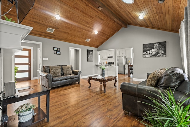 living room with beamed ceiling, wood-type flooring, high vaulted ceiling, and wooden ceiling