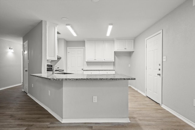 kitchen with white cabinetry, kitchen peninsula, sink, and stone counters