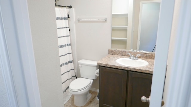 full bath featuring a shower with curtain, vanity, toilet, and tile patterned floors