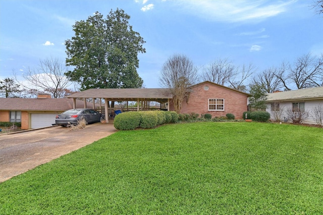 ranch-style house with a carport, concrete driveway, and a front yard