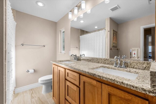 bathroom with vanity, toilet, and a shower with shower curtain