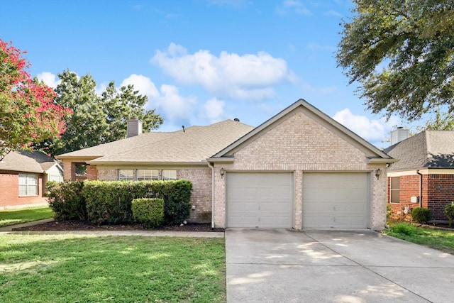 single story home featuring a garage and a front lawn