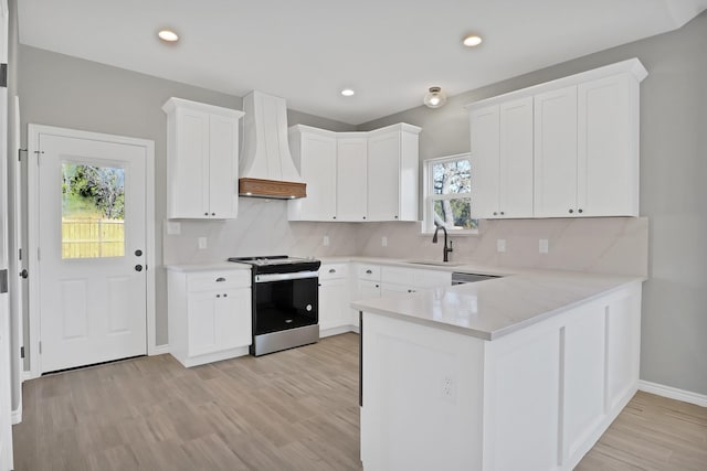 kitchen with premium range hood, sink, white cabinetry, appliances with stainless steel finishes, and backsplash