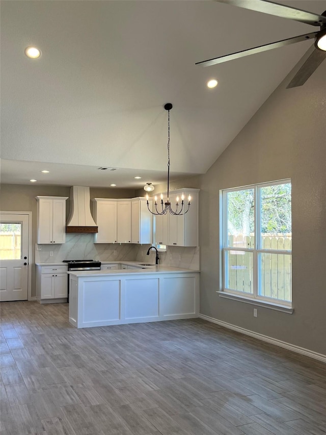 kitchen with decorative backsplash, custom exhaust hood, white cabinets, and a sink