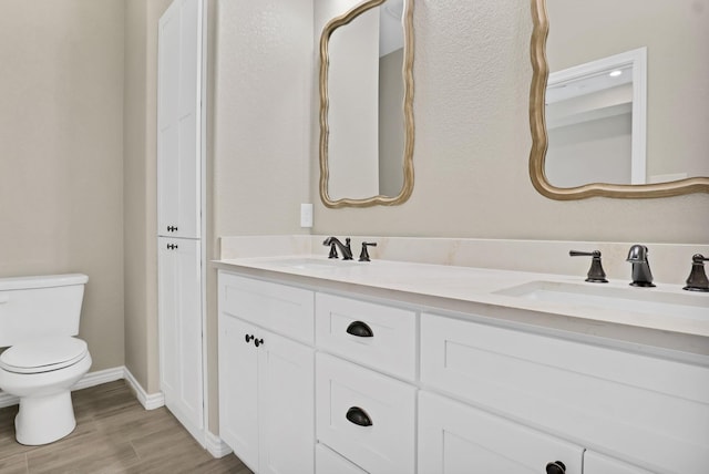 bathroom with a sink, toilet, wood finished floors, and double vanity