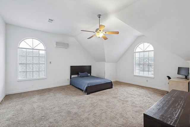 carpeted bedroom featuring ceiling fan, a wall mounted AC, and vaulted ceiling