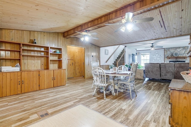 dining area with vaulted ceiling with beams, wood ceiling, light hardwood / wood-style floors, and wood walls