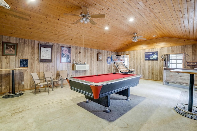 rec room featuring lofted ceiling, pool table, an AC wall unit, wooden ceiling, and carpet flooring