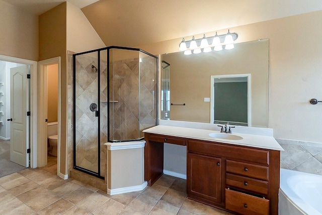 full bathroom with lofted ceiling, vanity, plus walk in shower, tile patterned floors, and toilet