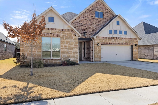 1476 Highland Park Cir, Granbury, TX 76048 - view of front facade featuring roof with shingles, stone siding, board and batten siding, driveway, and brick siding