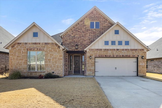1476 Highland Park Cir, Granbury, TX 76048 - view of front of house with stone siding, board and batten siding, and concrete driveway