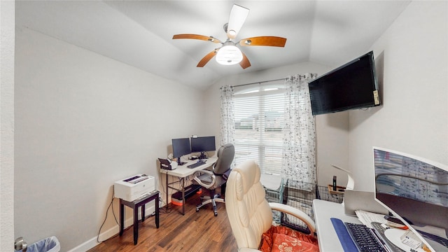 office featuring lofted ceiling, dark wood-type flooring, and ceiling fan