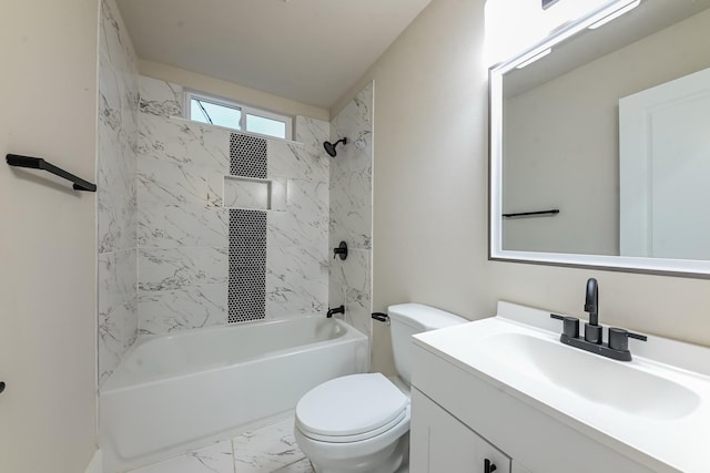 full bathroom featuring vanity, tiled shower / bath combo, and toilet