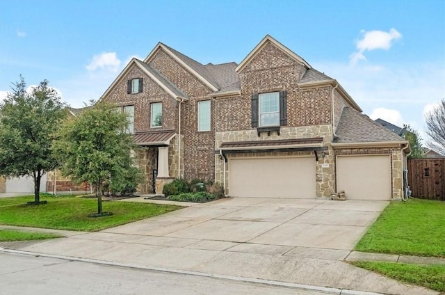 view of front of property featuring stone siding, brick siding, and a front lawn