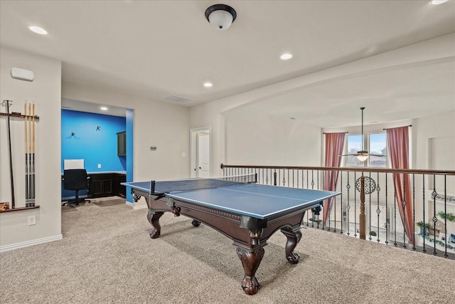 game room featuring carpet flooring and ceiling fan