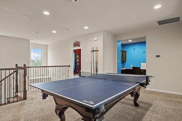 game room with recessed lighting, visible vents, baseboards, and carpet