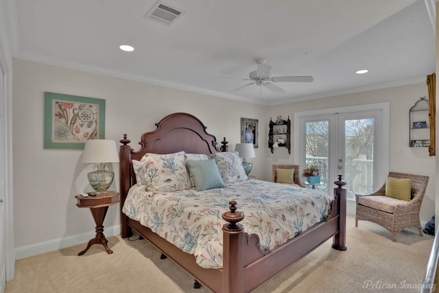 bedroom featuring crown molding, light colored carpet, ceiling fan, and french doors