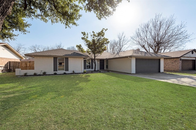 single story home with a garage and a front lawn