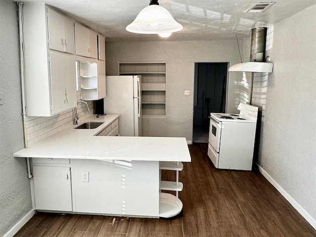 kitchen with white cabinetry, sink, hanging light fixtures, kitchen peninsula, and white appliances